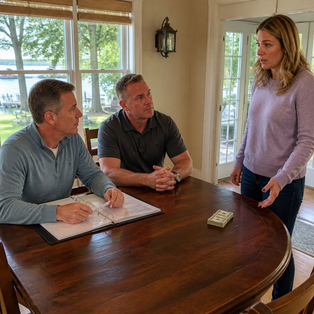 At the dining table, Cal and his brother Ryan sit with the binder while Ivy stands, staring at a cash envelope pushed toward her.