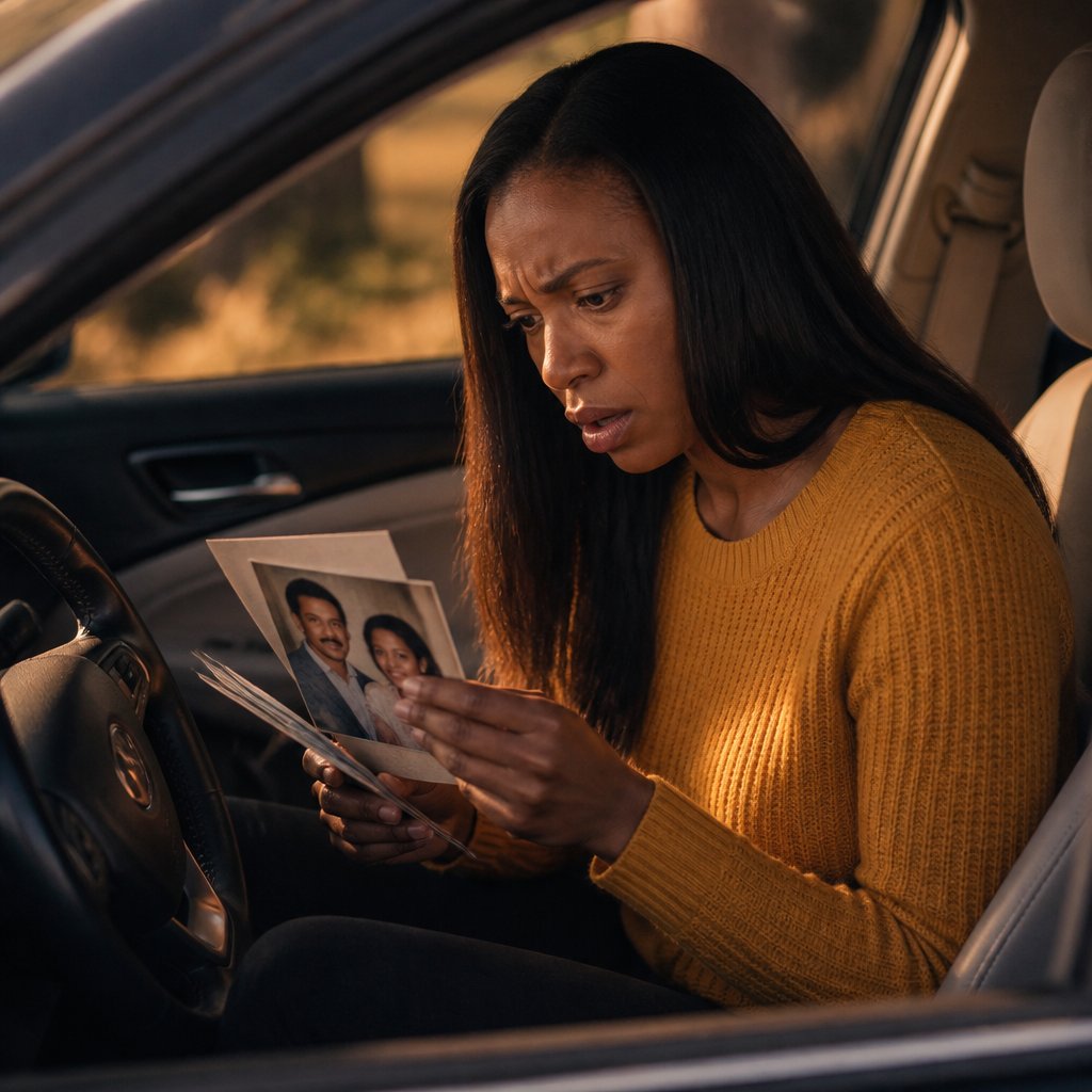 Mara sits in her car studying old photos and a notarized note, looking stunned.