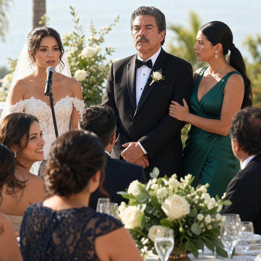 Evan stands rigid and unblinking as Callie hints at “paperwork” in her toast.