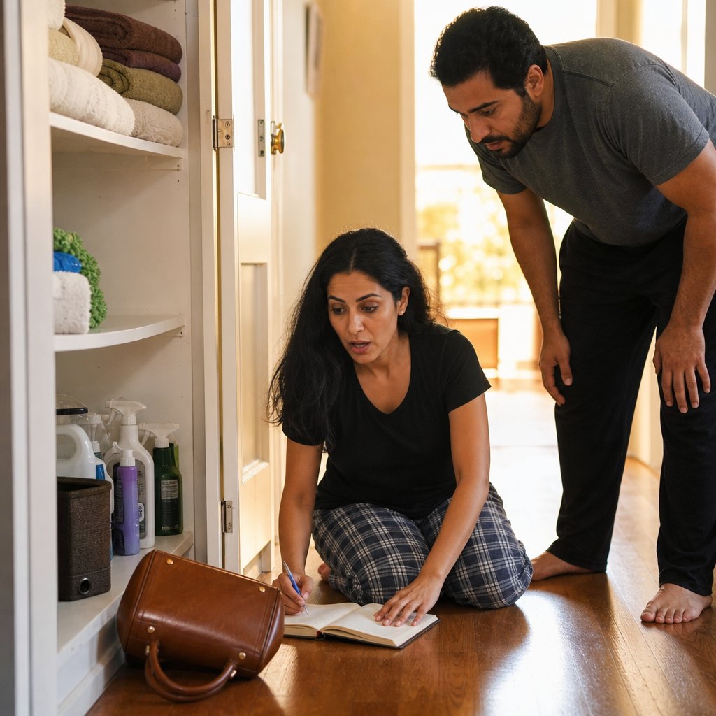 A woman crouches by an open notebook as a brown purse lies on the floor beside an open closet.