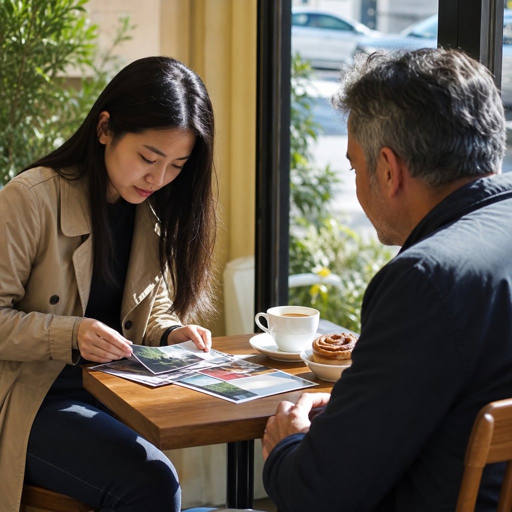 Mara studies printed photos at a café table while a man sits across from her.