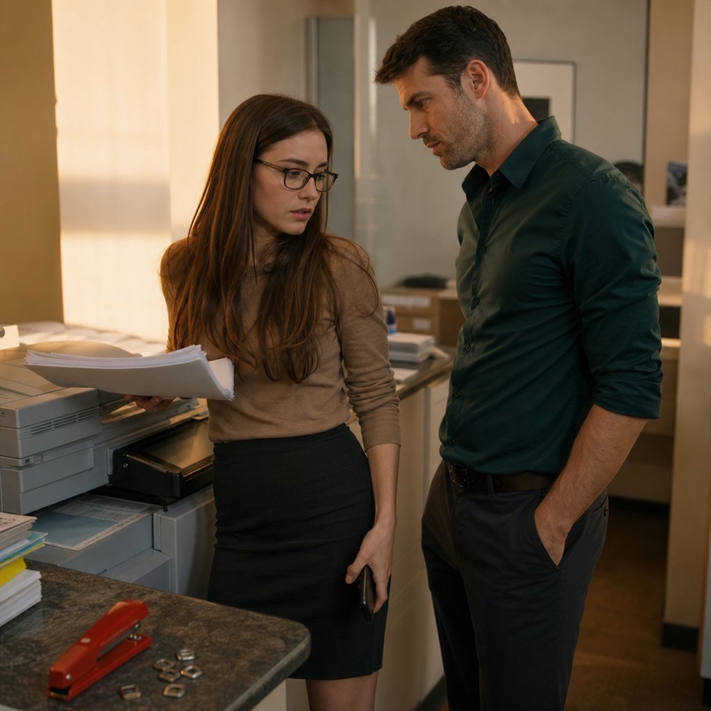 By the copier, Mark corners Ivy and promises to ‘handle it.’