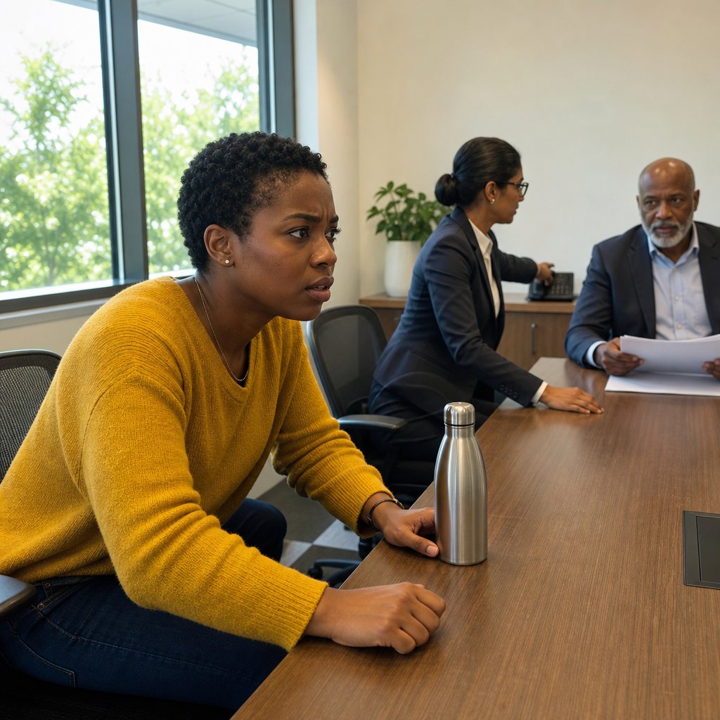 Mara grips the table as her lawyer reaches toward a ringing phone, the tension spiking.