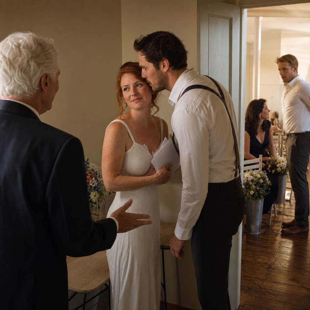 Marin clutches the marriage license packet as Evan leans in and the officiant reaches for it, with Sienna seated and Cal watching from the doorway.