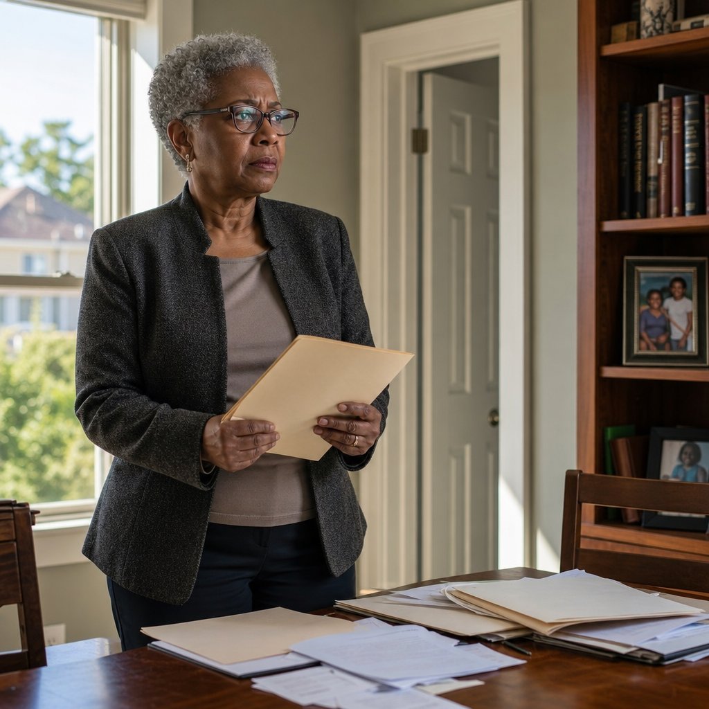 The narrator stands in her home office gripping a manila folder, tense and alert.