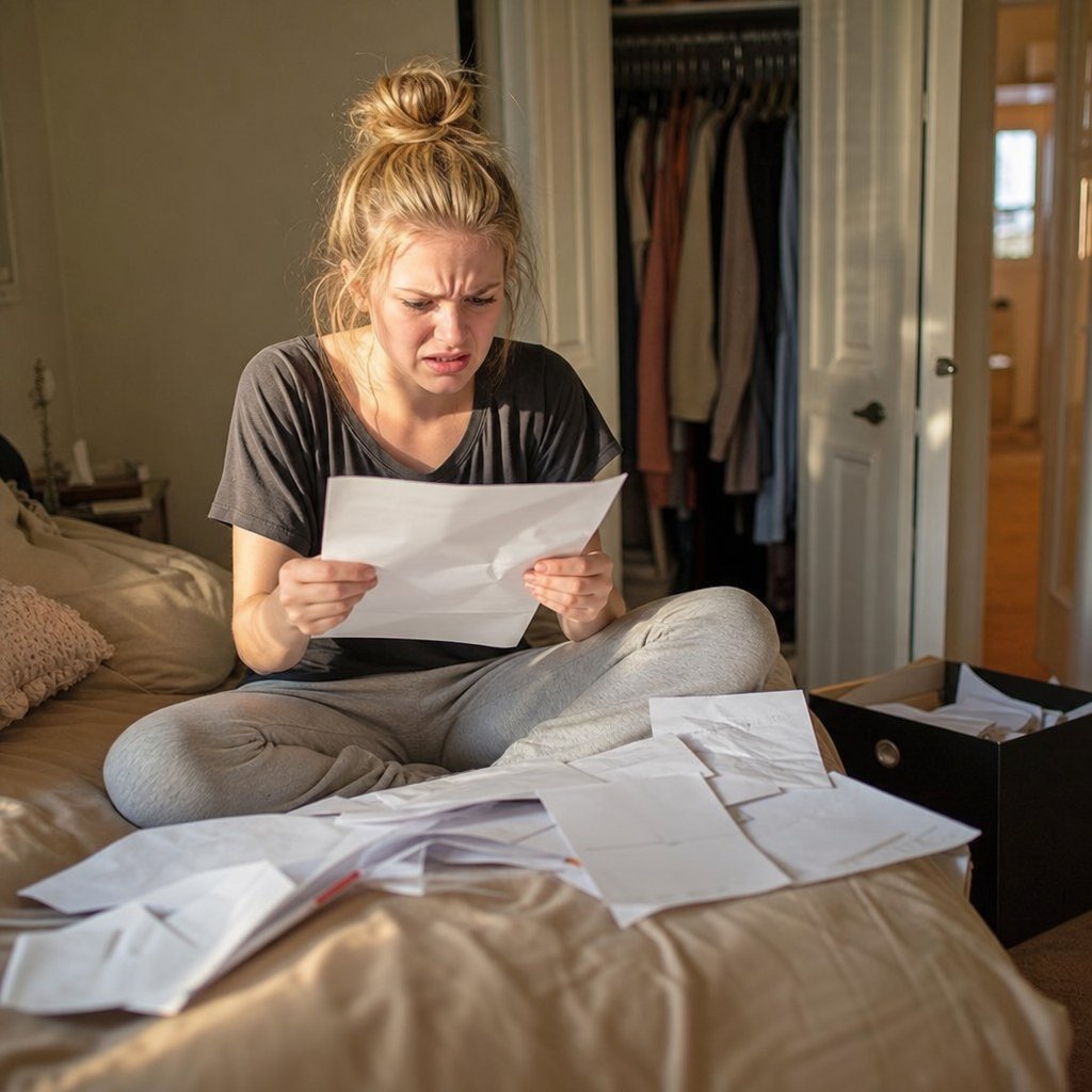 Mara sits on the bed surrounded by papers, gripping a document with trembling hands.