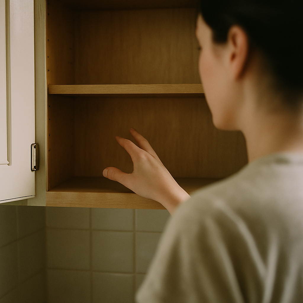 Empty cabinet shelf in soft kitchen light with hand reaching in