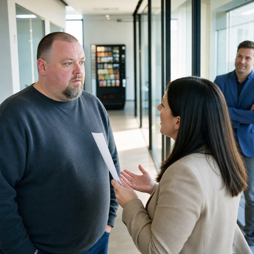 In a hallway huddle, leadership critiques a memo while Dylan watches from across the floor.
