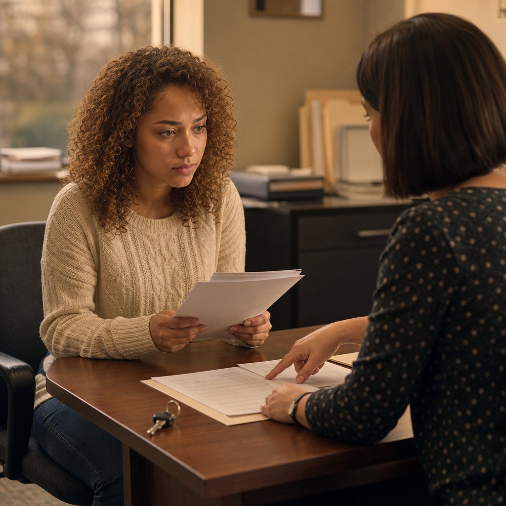 Iris grips papers as the accountant indicates expenses for rent, utilities, and unknown car insurance.