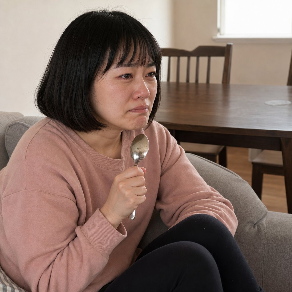 Iris sits on a couch gripping a silver spoon, devastated and angry.