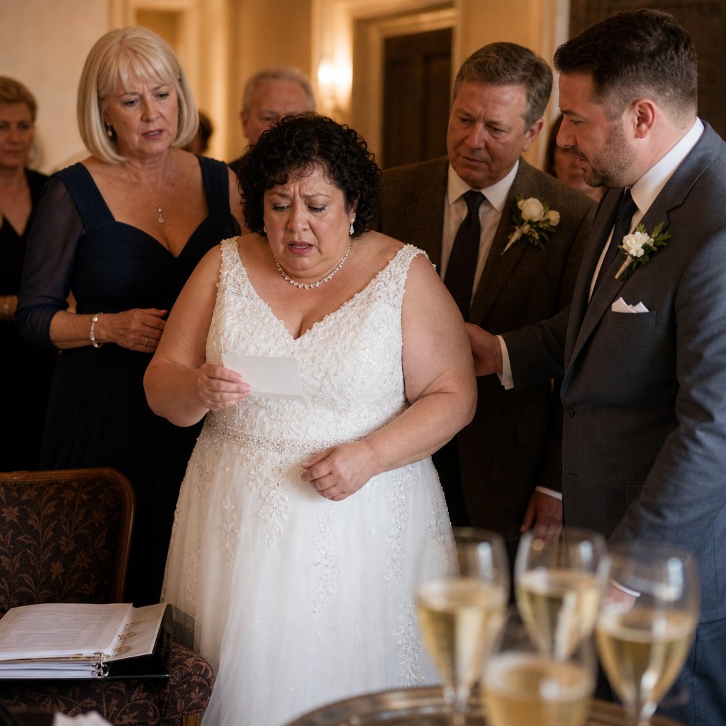 In a hallway, the bride stares at a folded place card near her open binder as the groom reaches for her and the groom’s mother and Evan Hale close in behind.