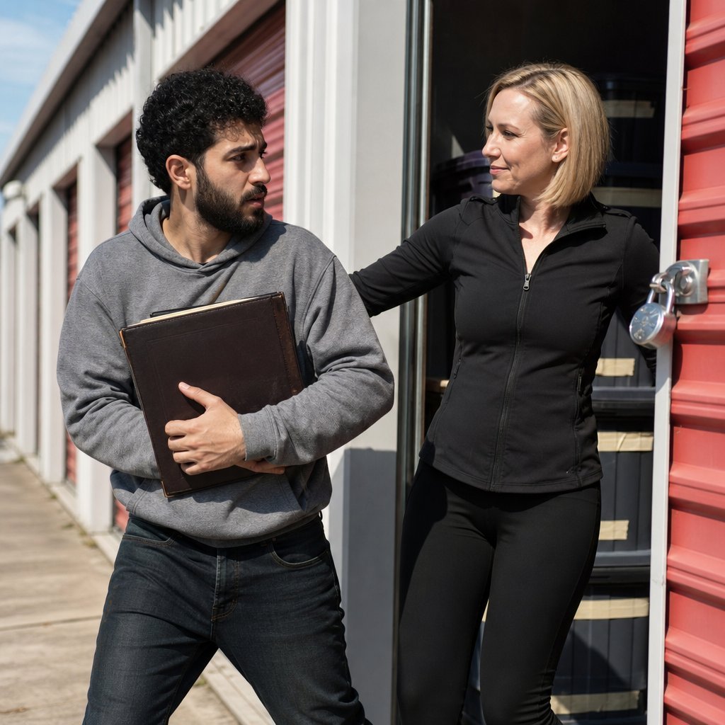 Kendra blocks the storage unit doorway as Ivy clutches a photo album, caught in the act.