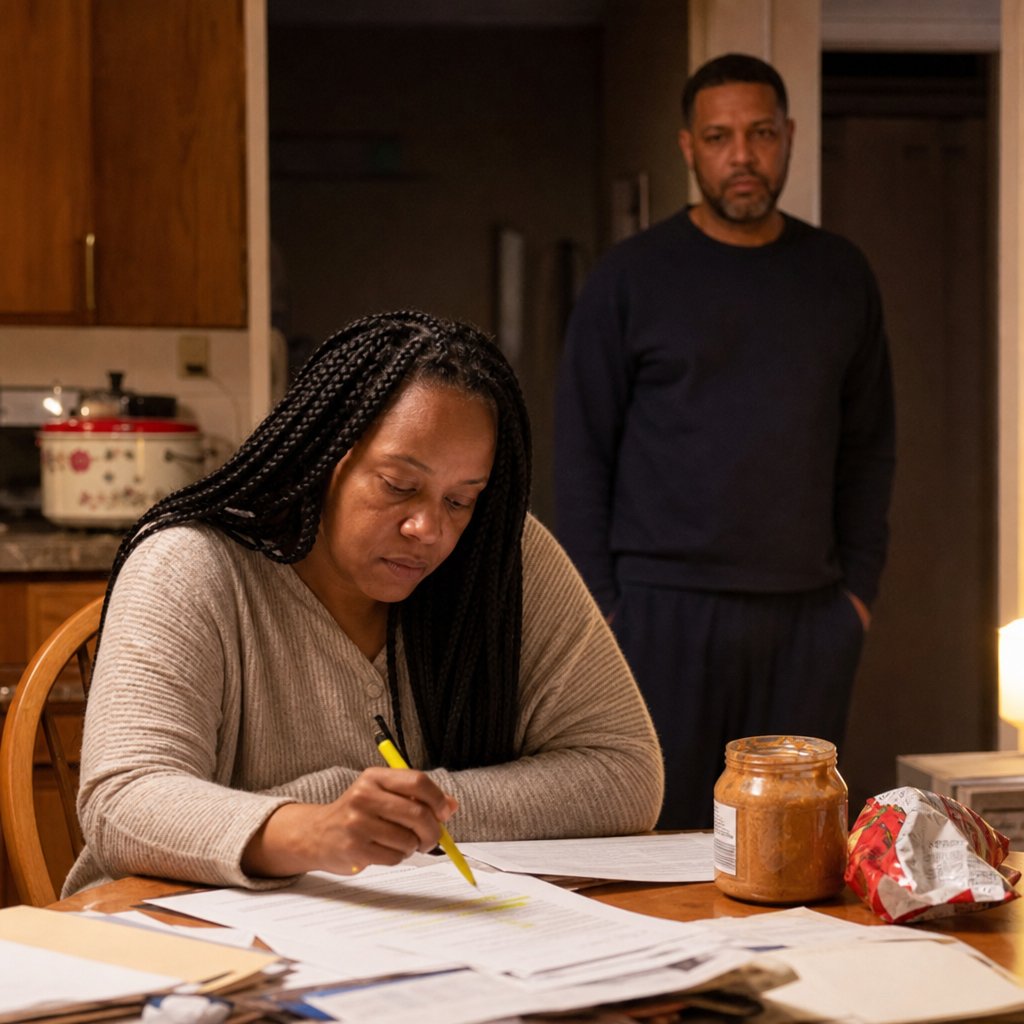 A woman highlights credit card statements at a kitchen table as a man watches from the doorway.