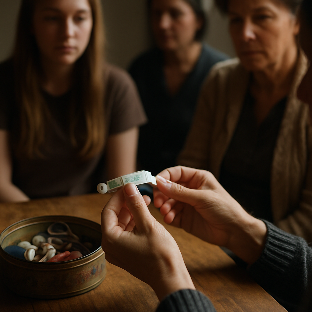 Woman holding hospital bracelet with family gathered around in daylight