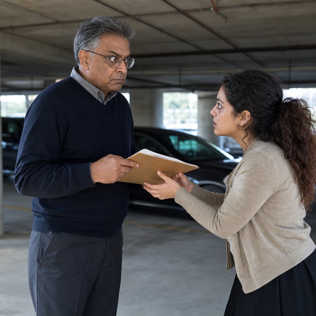 In a parking garage, Elaine’s assistant hands Mara a folder of HR notes while Mara reads with controlled fury.