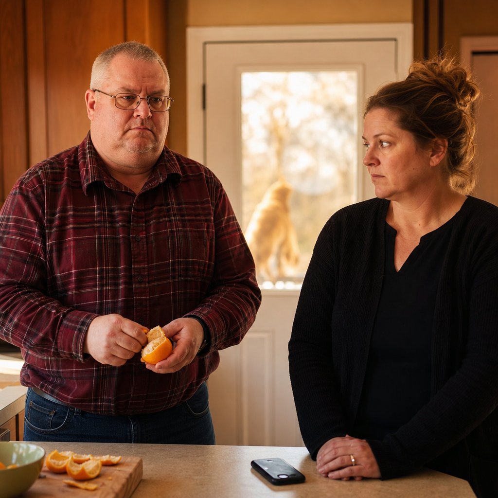 A man with glasses holds a half-peeled orange as a woman stands tense beside a face-down phone in a kitchen.