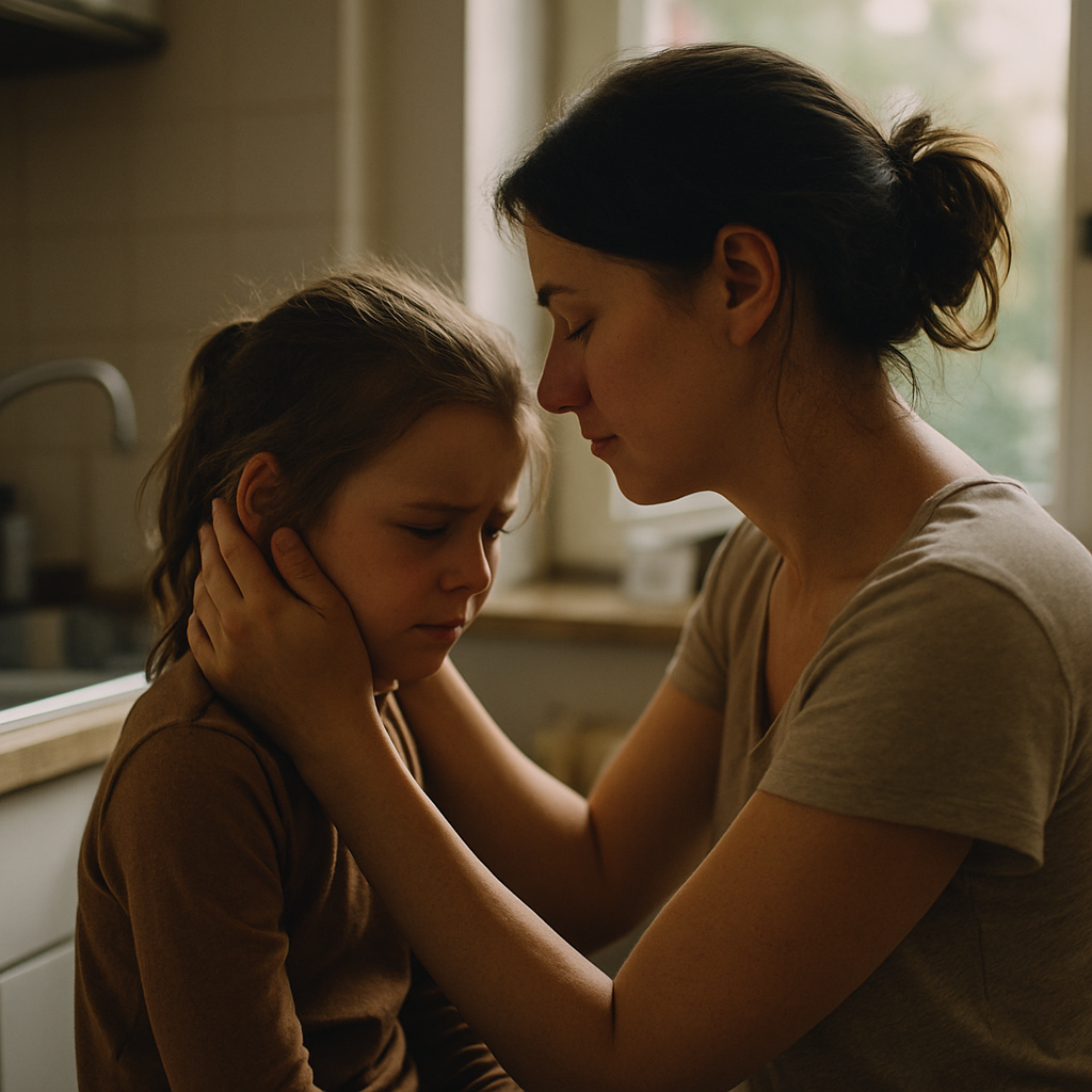 Mother comforting upset daughter in kitchen with natural daylight.