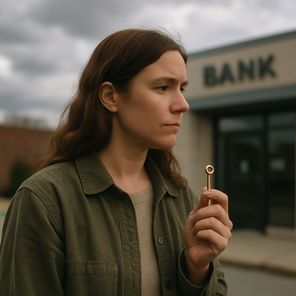Woman outside a bank holding a small brass key.