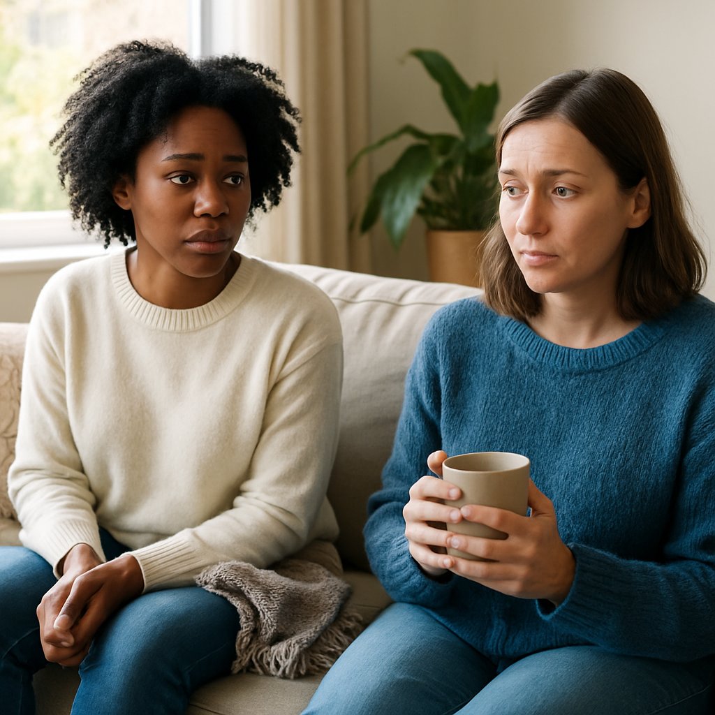 Mia dressed like narrator while woman looks uncertain on couch.