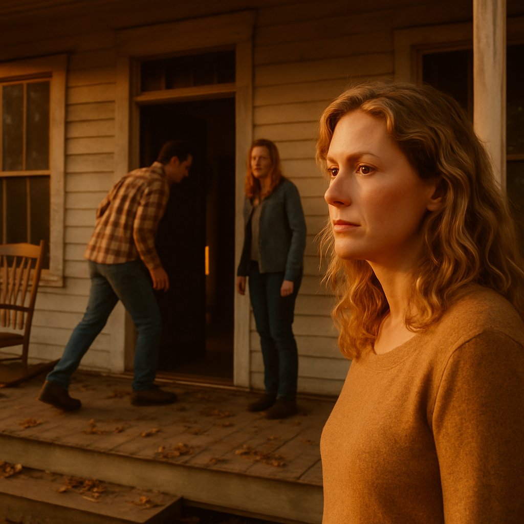 Man and woman looking into farmhouse with open door, concerned expressions.