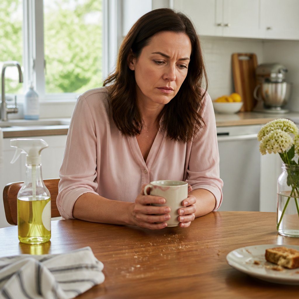 Woman in pink blouse holding mug at kitchen table, phone face down nearby, worried expression.