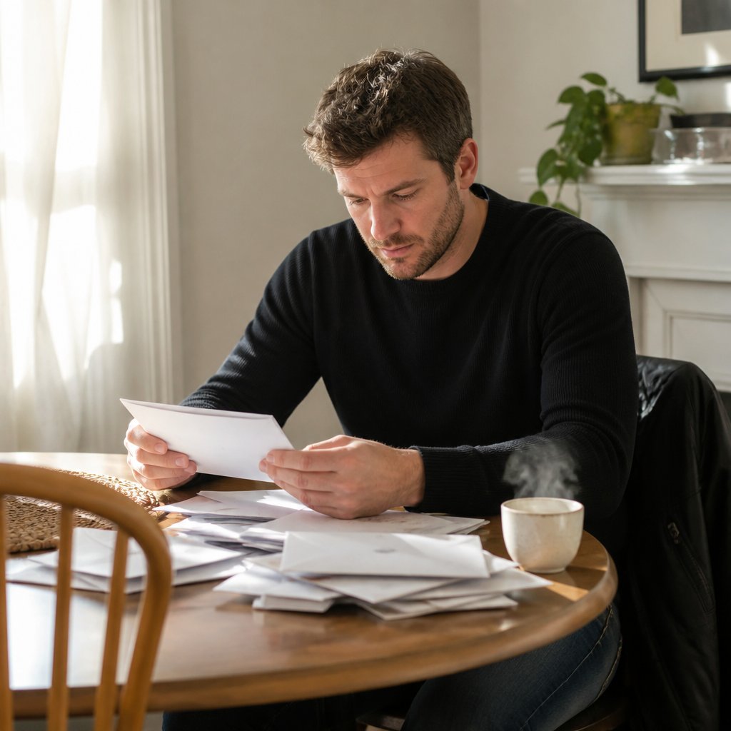 Man discovering unopened mail revealing a secret card.