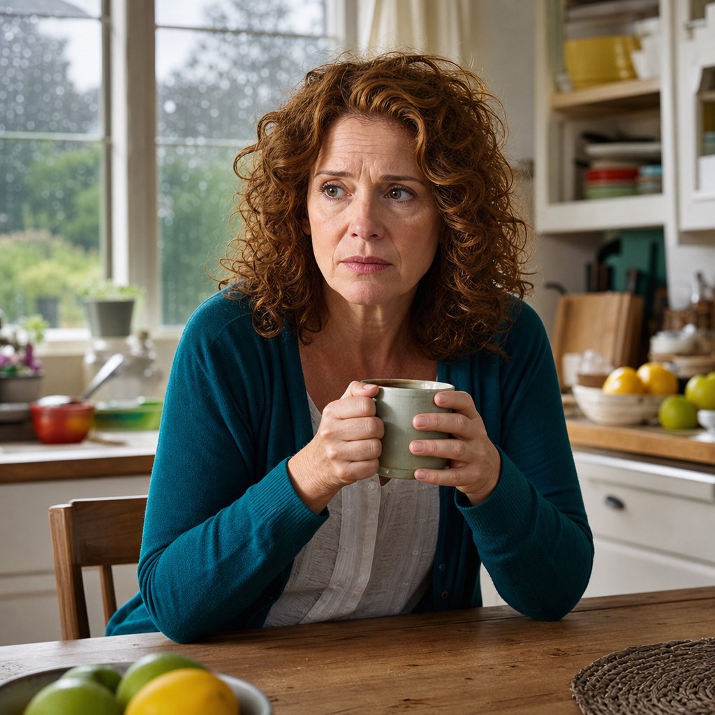 Woman sitting tensely at kitchen table holding a coffee cup.