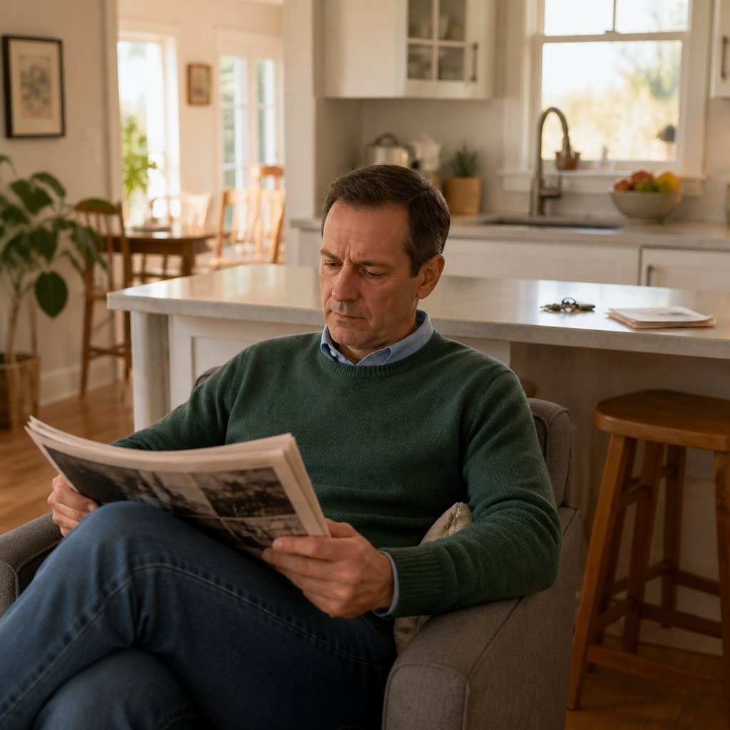 Man in green sweater reading newspaper, keys and bills on kitchen counter behind.