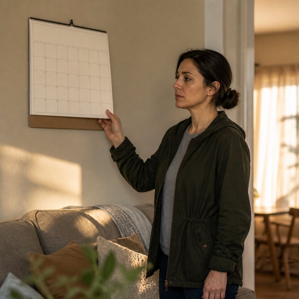 Woman in a green jacket touching a blank wall calendar, looking worried in a living room.