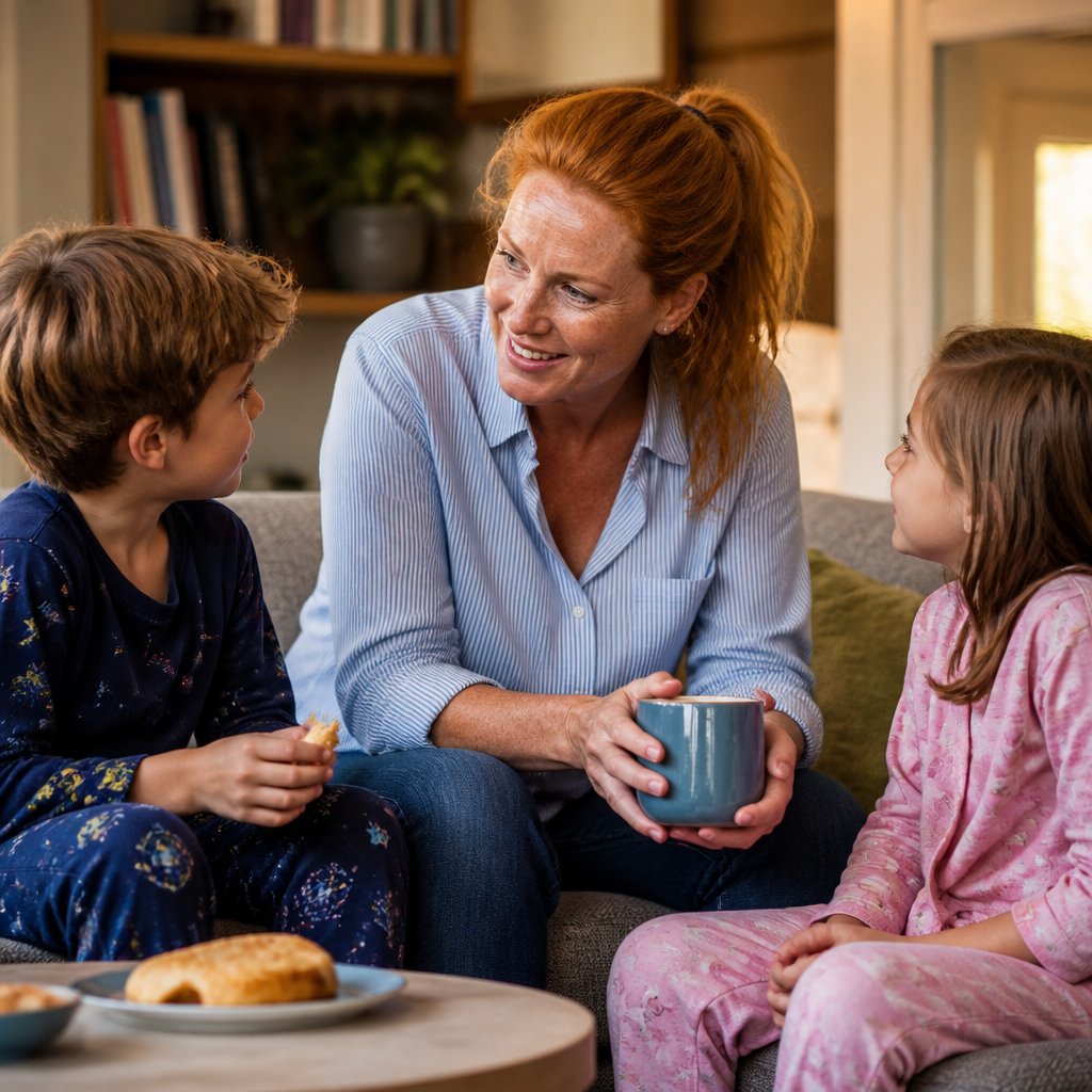 Father and kids laughing and sharing private code on a living room couch