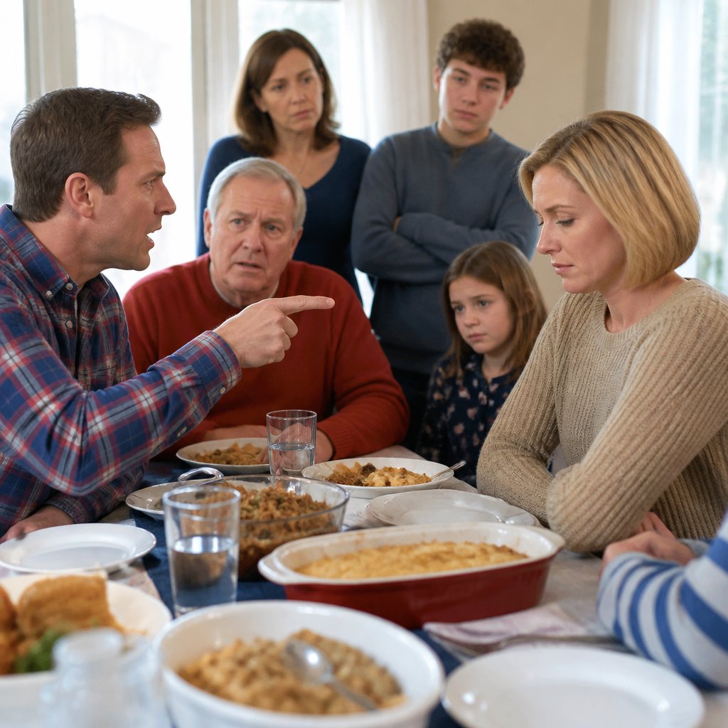 Tense family dinner with a man accusing a woman.