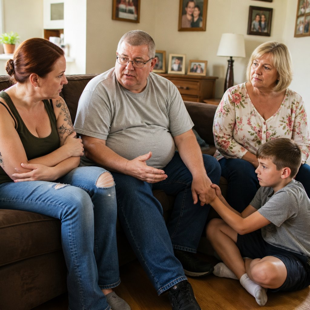 Man and woman in tense family meeting with a boy holding woman’s hand