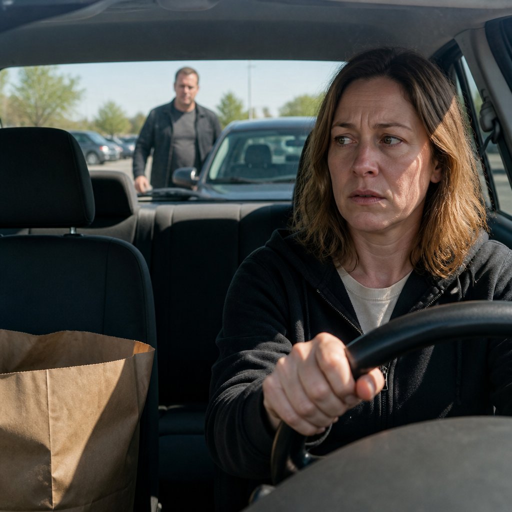In a parking lot, Ivy speaks tensely on the phone, gripping the steering wheel as someone steps out of a car behind her.