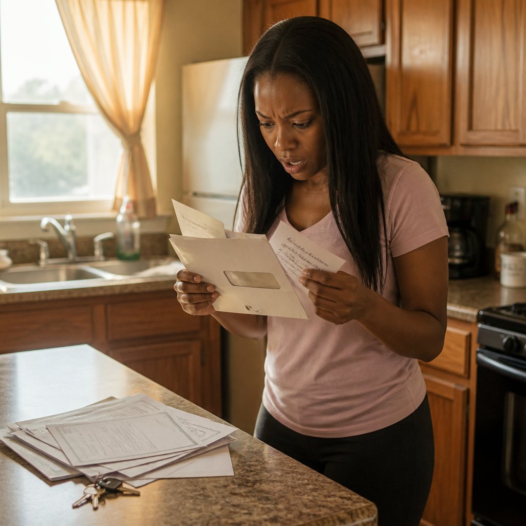 Mara stands in her kitchen holding court papers and a church bulletin with her mother’s handwritten note.