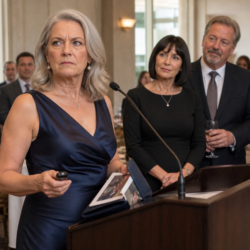 Nina stands at the podium with a remote as Lila wears the necklace and Matt watches, pleased.