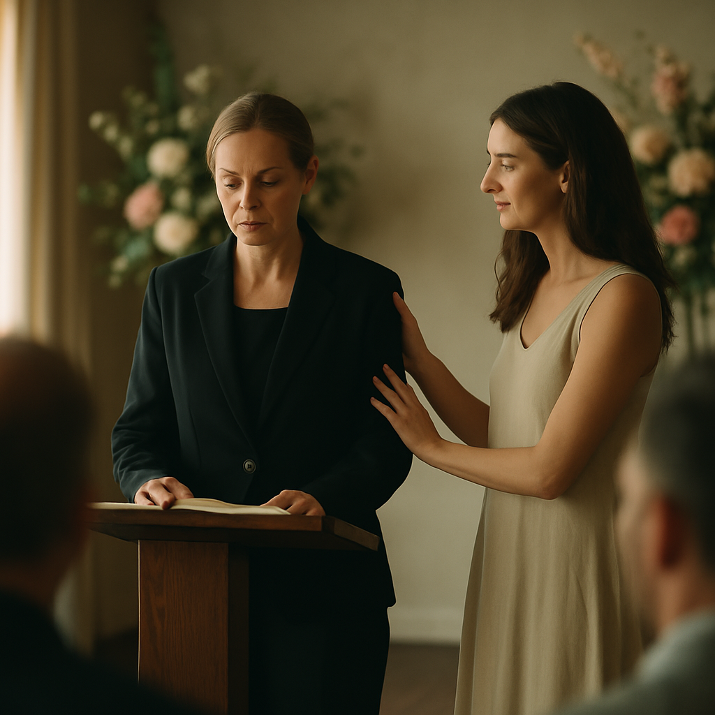 Wedding rehearsal in church with a woman laughing and surprised faces around