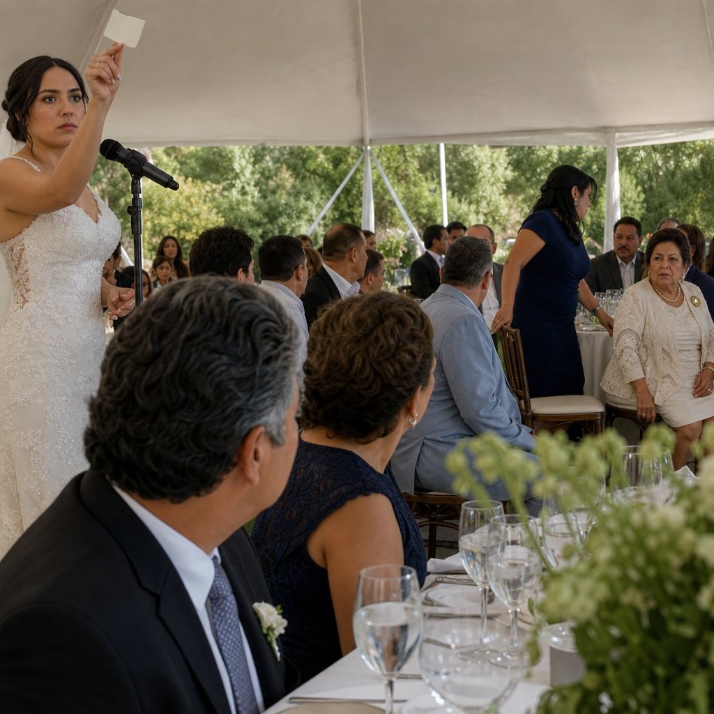 Callie holds up a place card at the microphone as the entire tent turns toward Table 12.
