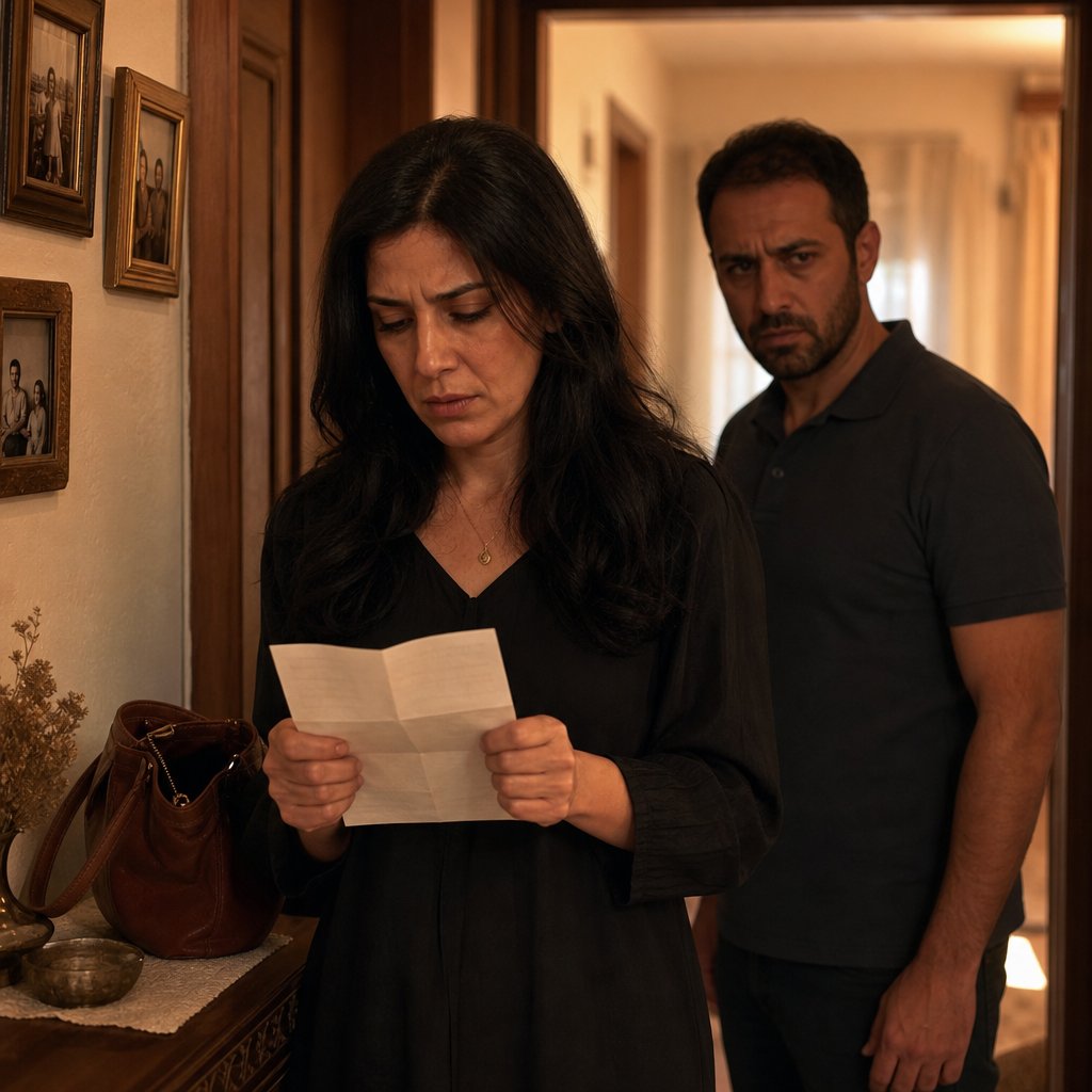 A woman clutches a folded paper beside an open purse as a bearded man stands behind her, suspicious.