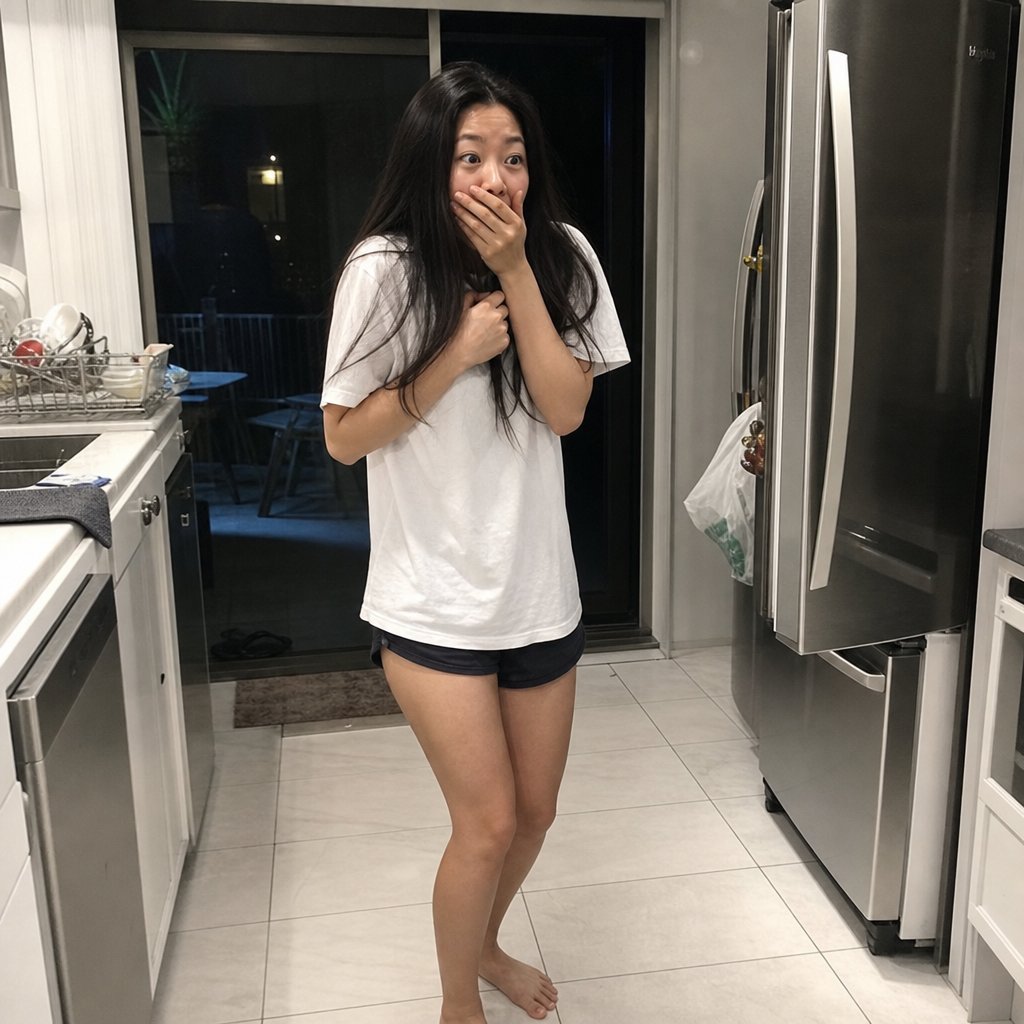 Mara stands barefoot in her kitchen, hand over her mouth, freezer door ajar behind her.