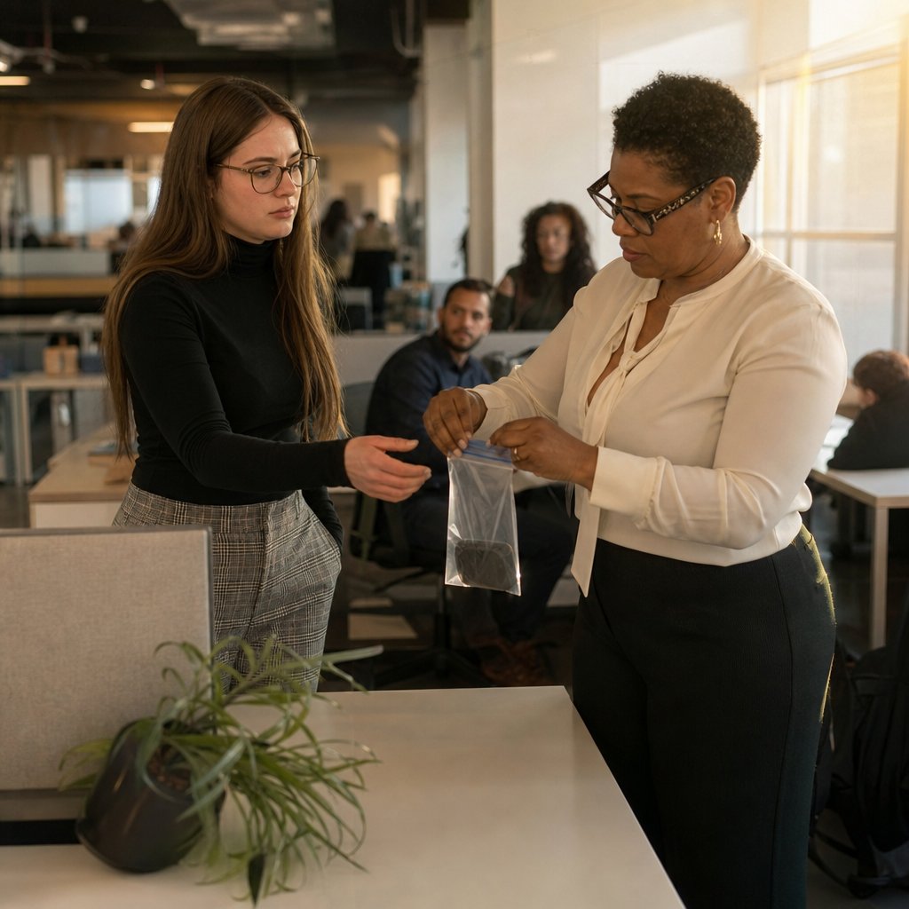 Talia seals Ivy’s phone in a clear bag as coworkers pretend not to stare.