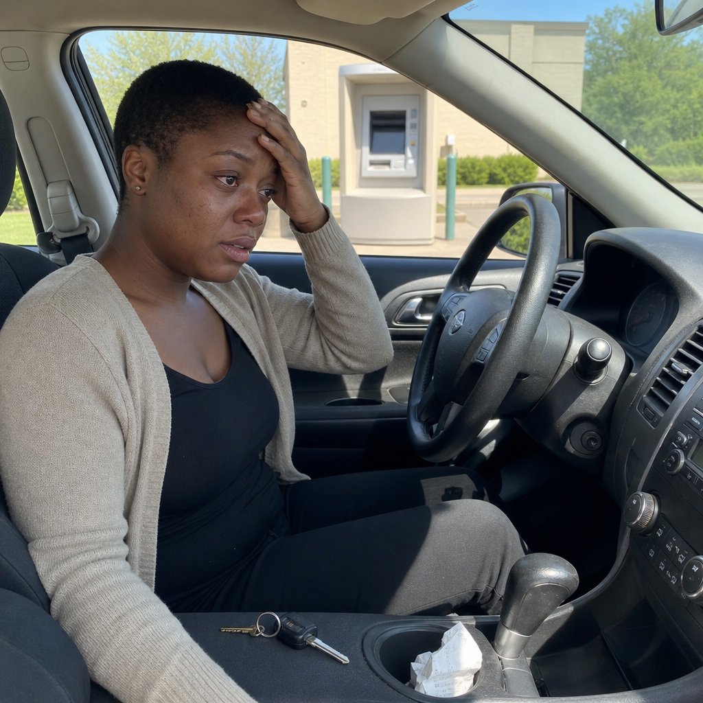 Mara sits in her car near an ATM, shaken and teary after discovering the account has been drained.
