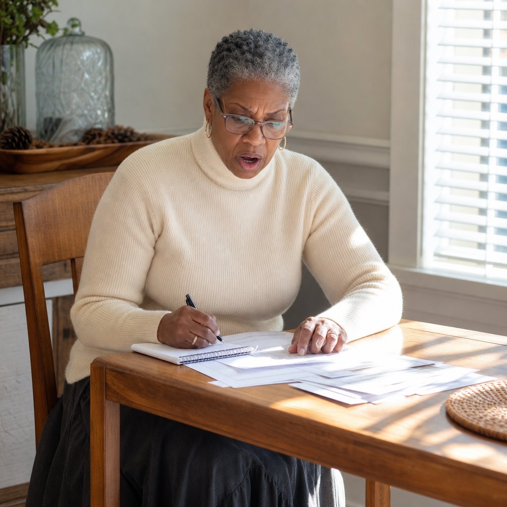 The narrator sits at her dining table with papers and a notepad, staring down in alarm as a phone lies face-down nearby.