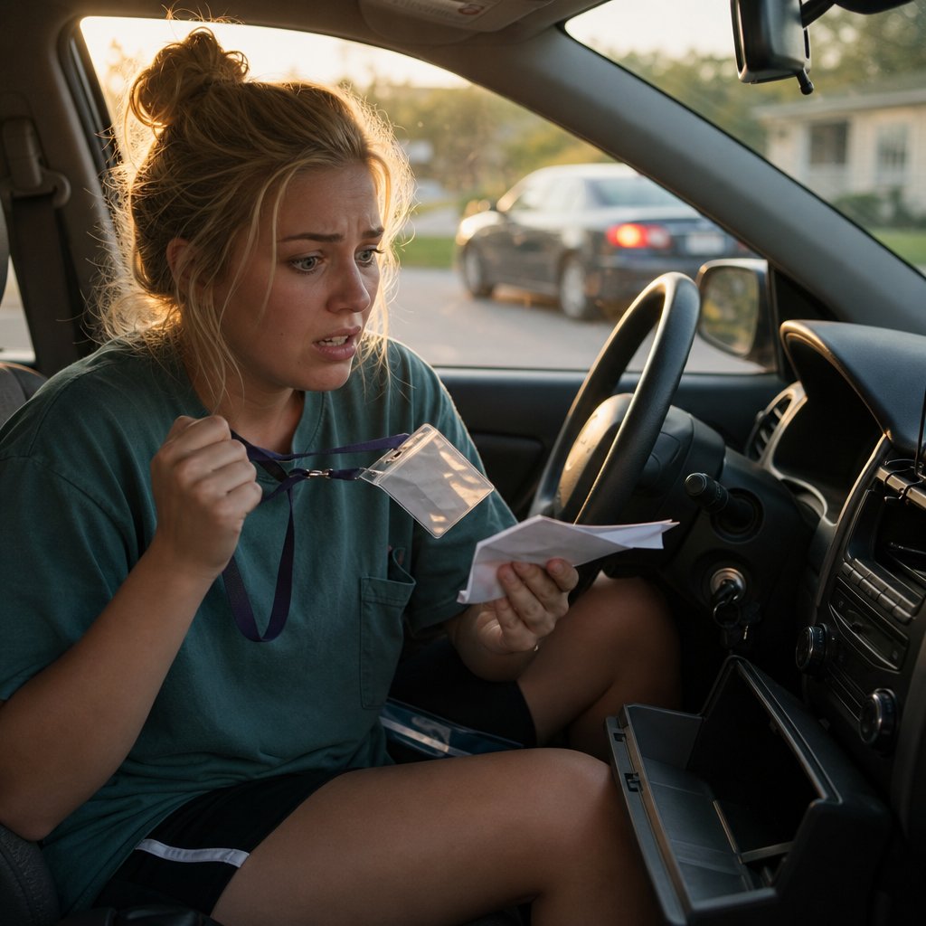 Mara sits in her car holding a lanyard and folded paper as a car arrives in the driveway.