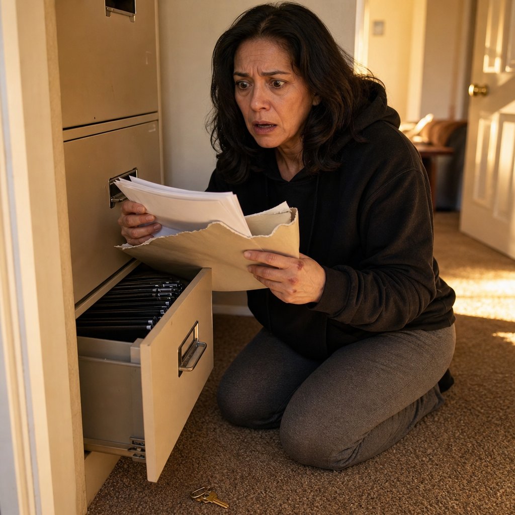 Mara kneels by an open file cabinet holding a torn envelope and papers, looking shocked.