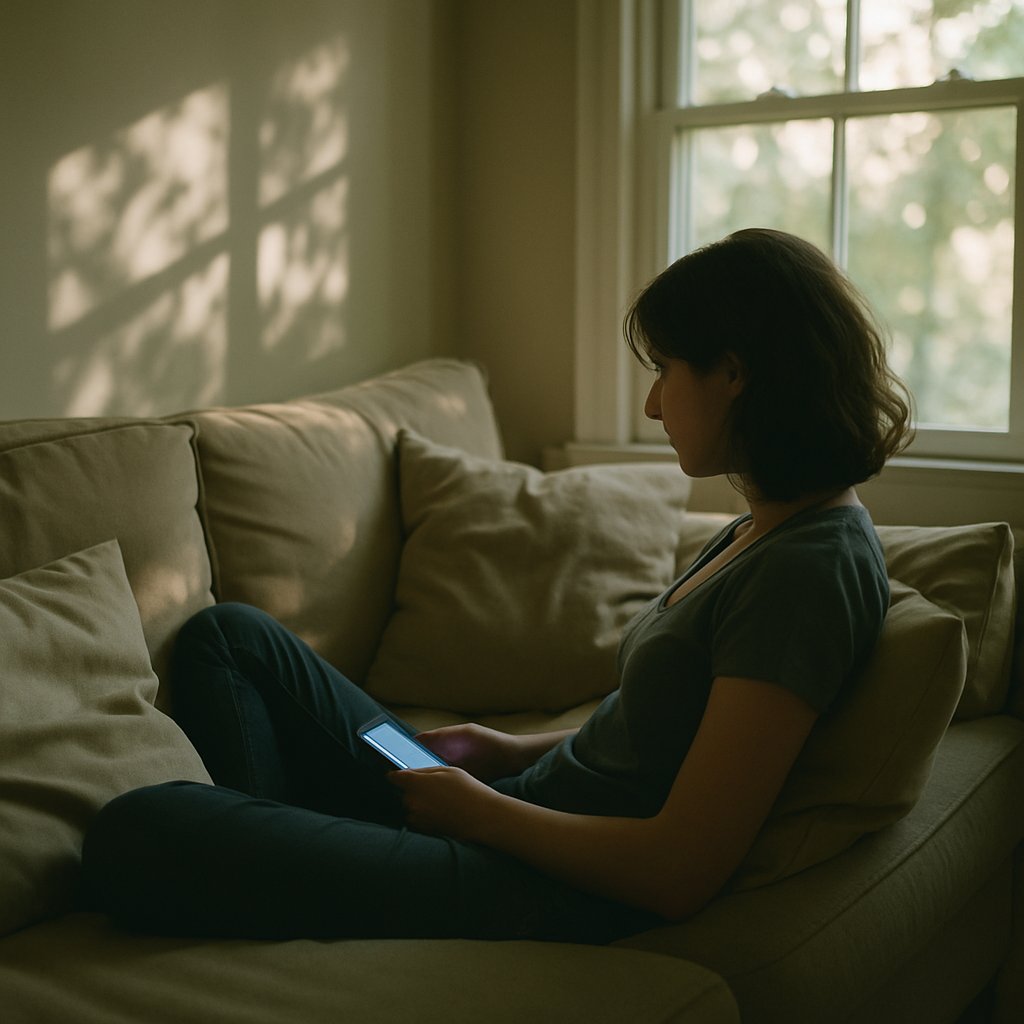 Couch with cushions and phone glowing, leaf shadows on wall