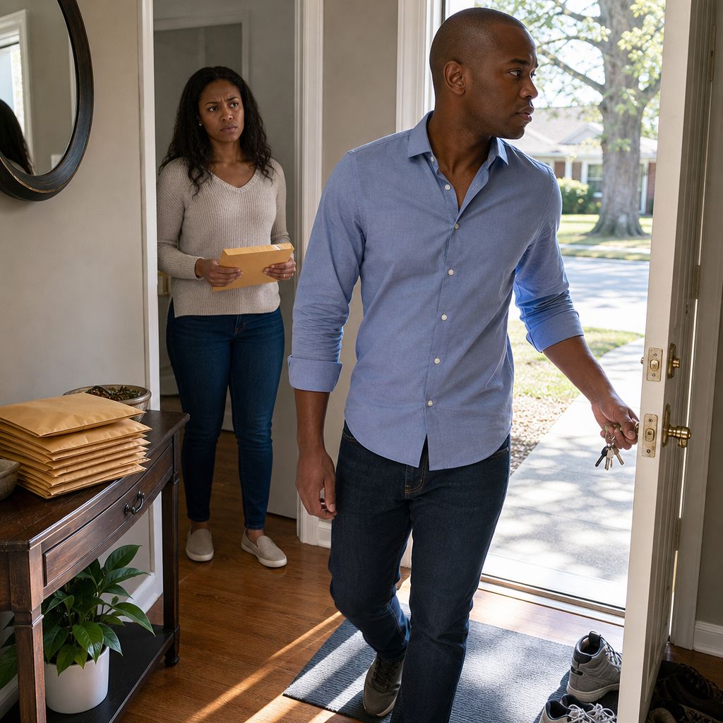 A man steps out the front door with keys while a woman behind him holds an envelope, more envelopes stacked nearby.