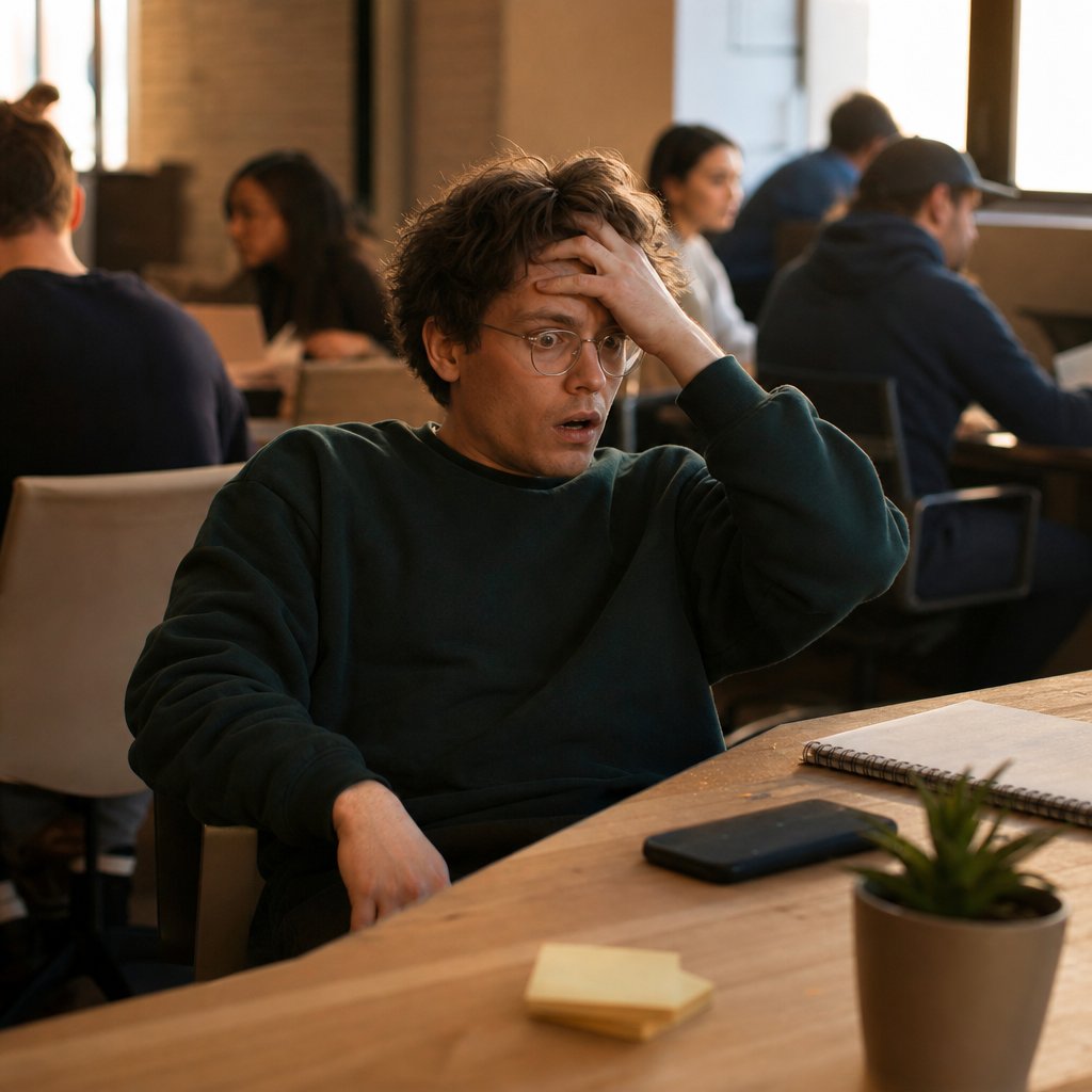 Iris reels at his desk after realizing HR emails were secretly rerouted away from his inbox.