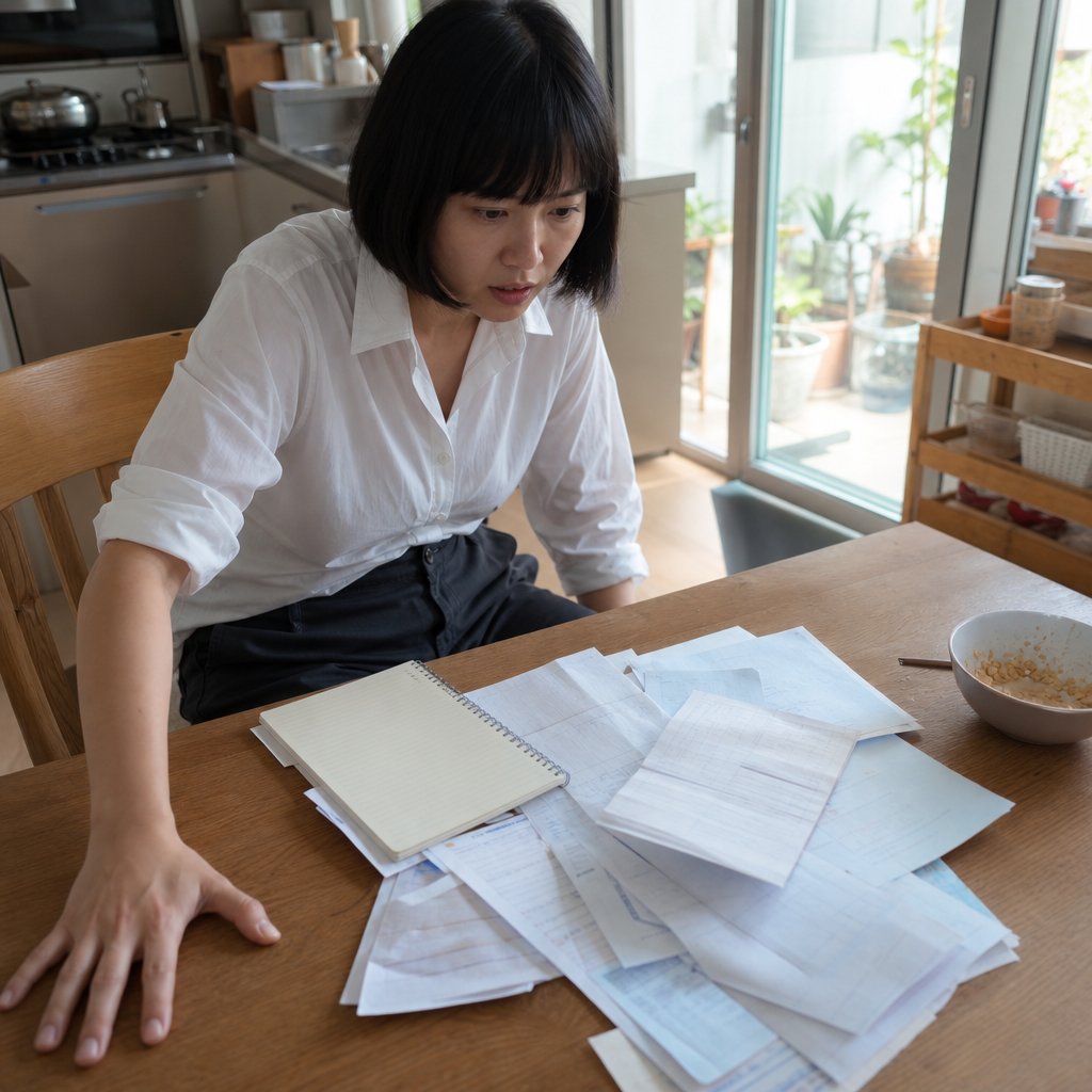 Iris sits at a kitchen table covered in financial papers, looking stunned and overwhelmed.