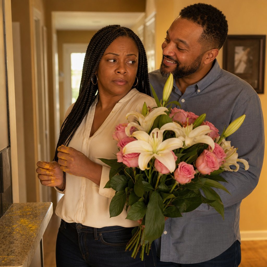A woman holds a bouquet with a wary expression as a man stands close, smiling.
