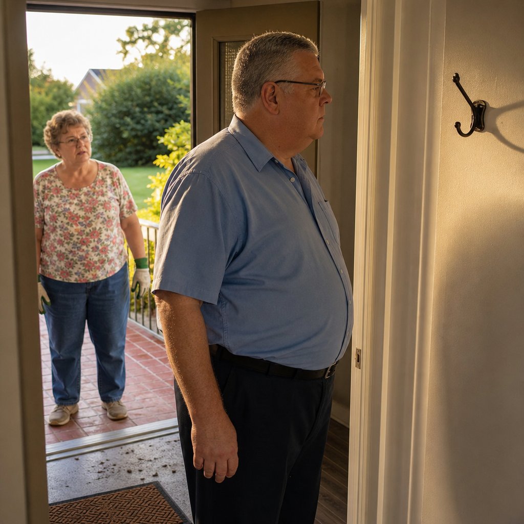 A man with glasses stares at an empty leash hook while a worried neighbor stands behind him on the porch.